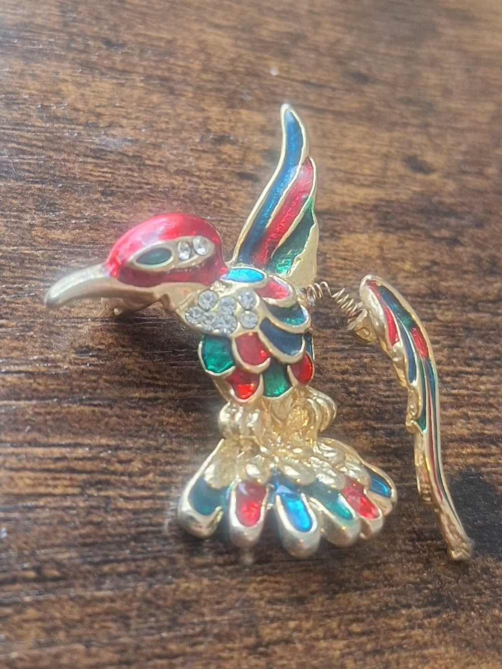 1.5" Vintage Hummingbird Rhinestone Enamel Pin Red Blue Green Spring Wing - Picture 2 of 6